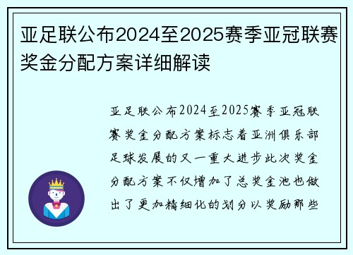 亚足联公布2024至2025赛季亚冠联赛奖金分配方案详细解读 亚足联公布2024至2025赛季亚冠联赛奖金分配方案详细解读